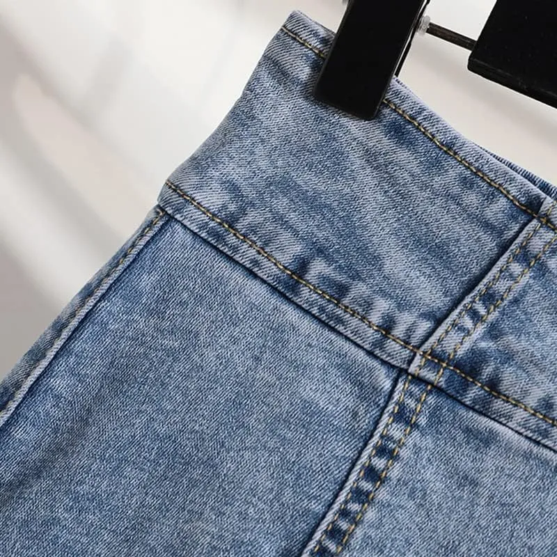 FIVETOSEVEN Summer Denim Skirt for Women Double Buttons Up Bottom Pleated Mini Jeans Skirt with Lining Casual Ruffles Skirts