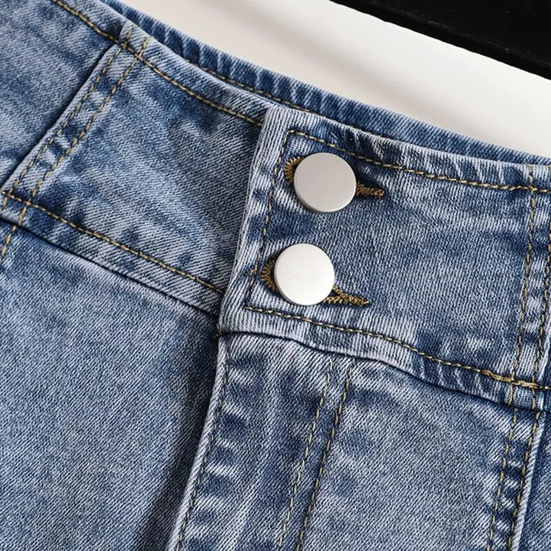 FIVETOSEVEN Summer Denim Skirt for Women Double Buttons Up Bottom Pleated Mini Jeans Skirt with Lining Casual Ruffles Skirts