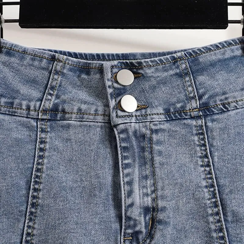 FIVETOSEVEN Summer Denim Skirt for Women Double Buttons Up Bottom Pleated Mini Jeans Skirt with Lining Casual Ruffles Skirts