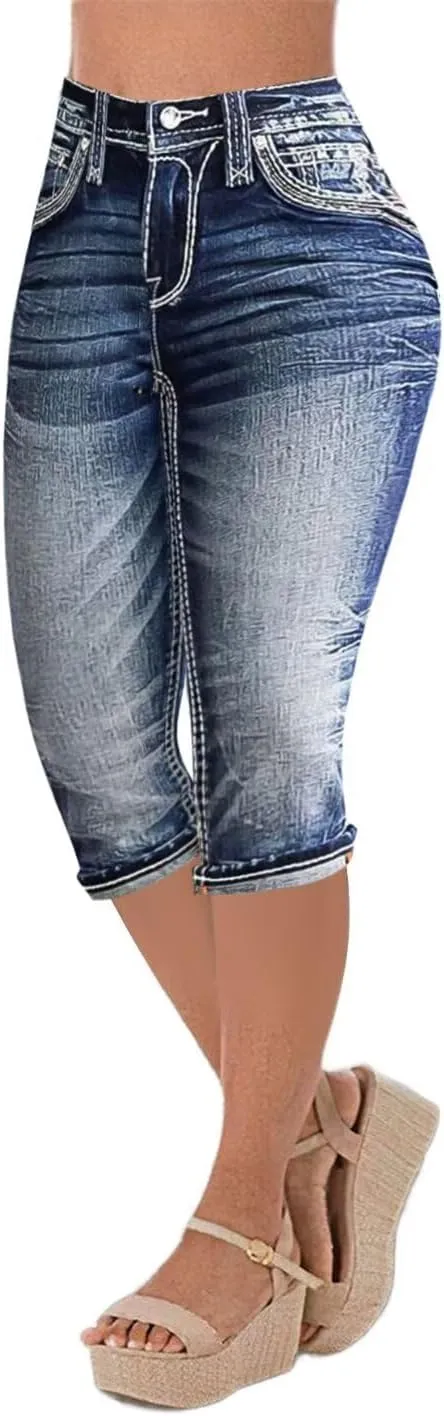 Flamingals Women's Solid Capris Jeans for Women Mid Rise Capris Skinny Denim Pants