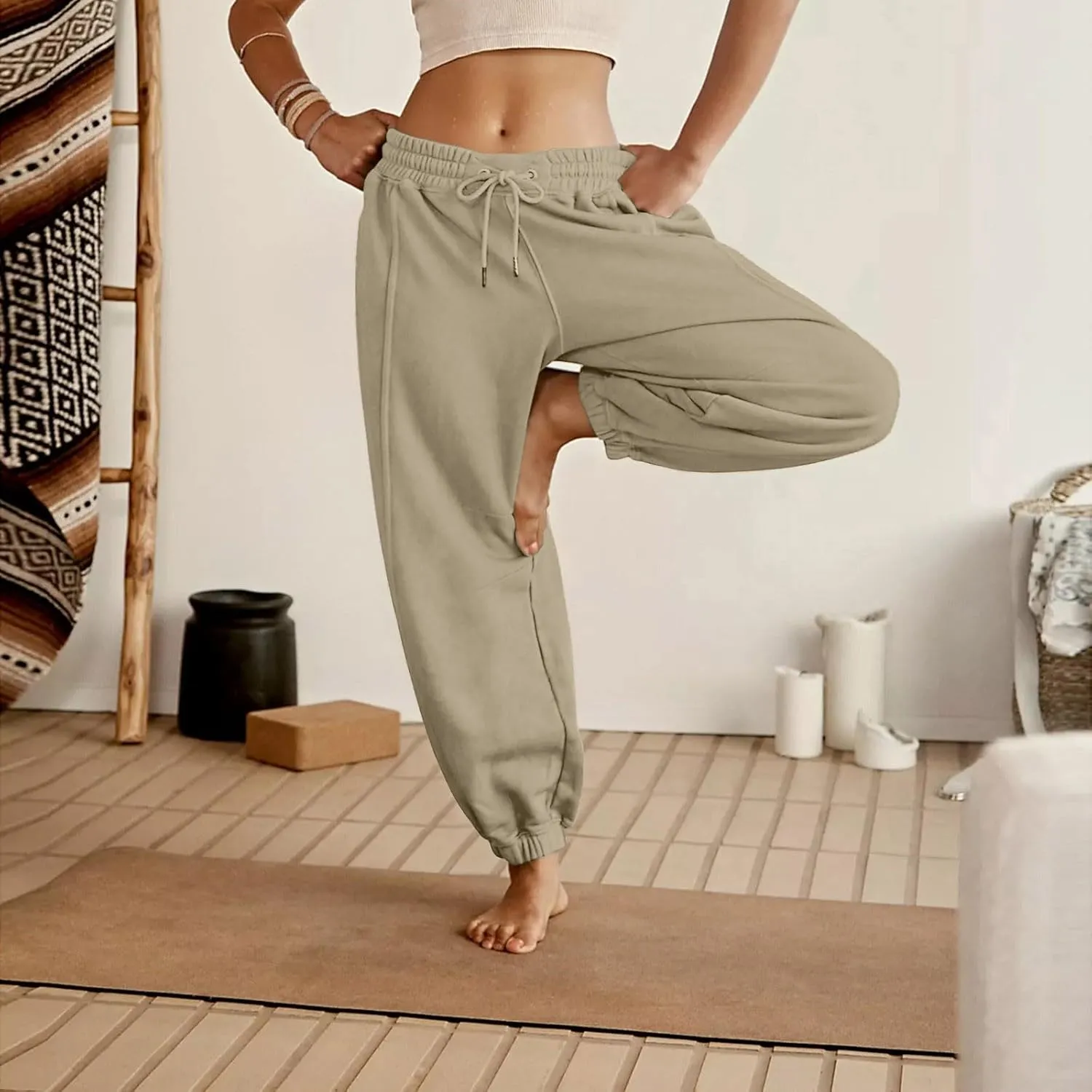 Fleece Lined Joggers Women Drawstring Straight Leg Baggy Sweatpants Warm Thermal Lounge Cotton Joggers with Pockets