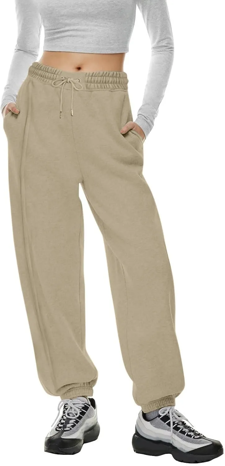 Fleece Lined Joggers Women Drawstring Straight Leg Baggy Sweatpants Warm Thermal Lounge Cotton Joggers with Pockets