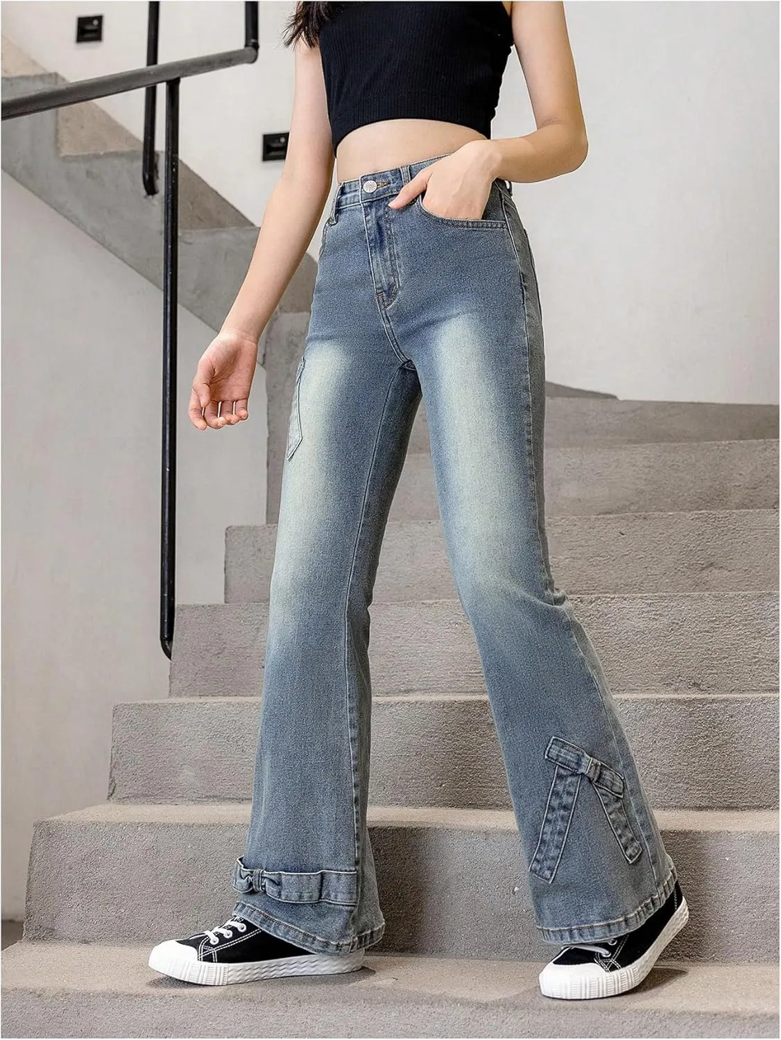 Floerns Girl's Bowknot High Waisted Bell Bottom Jeans Flare Leg Y2k Denim Pants