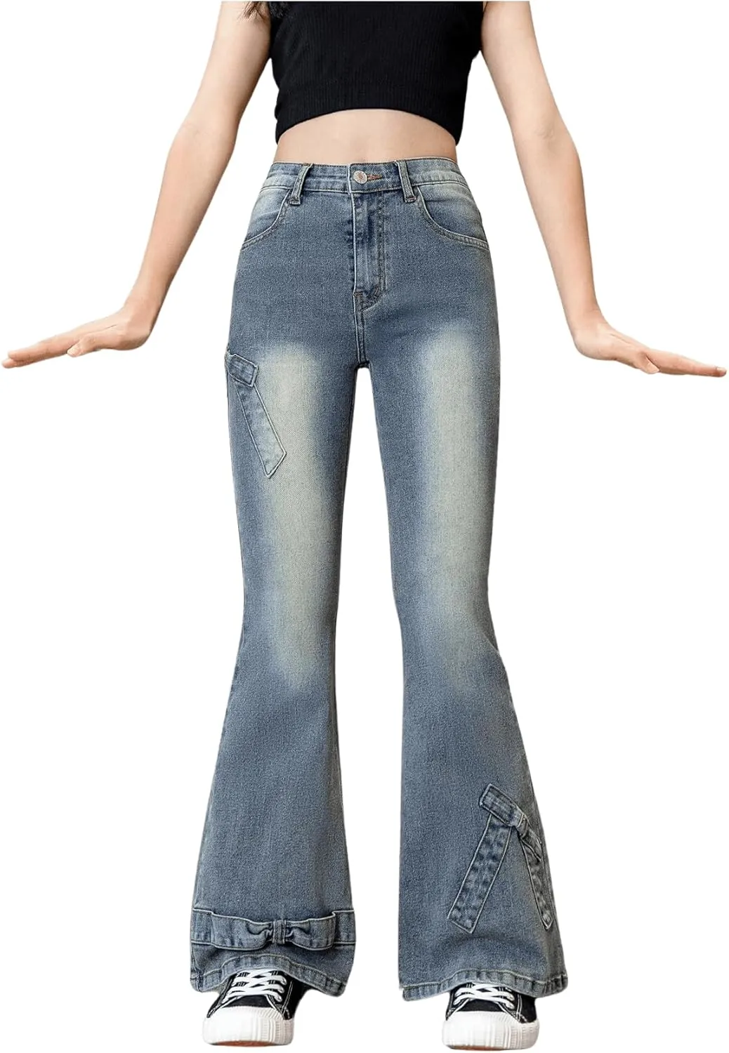 Floerns Girl's Bowknot High Waisted Bell Bottom Jeans Flare Leg Y2k Denim Pants