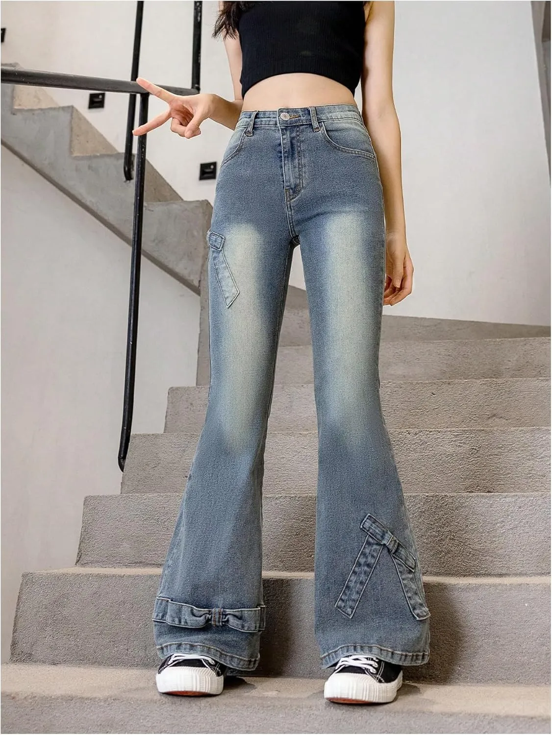 Floerns Girl's Bowknot High Waisted Bell Bottom Jeans Flare Leg Y2k Denim Pants