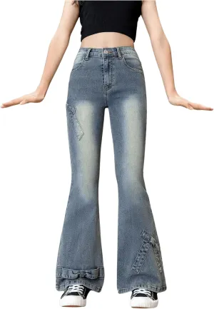 Floerns Girl's Bowknot High Waisted Bell Bottom Jeans Flare Leg Y2k Denim Pants