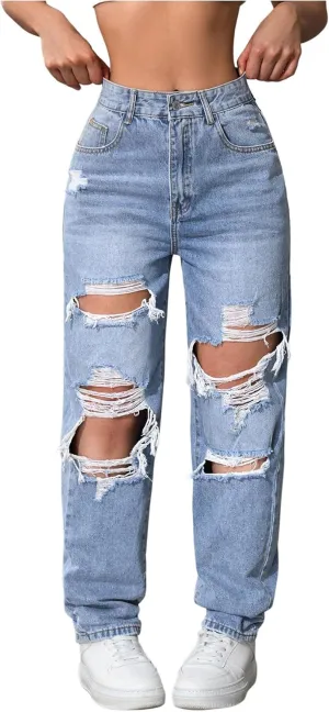 Floerns Women's High Waisted Distressed Jeans Straight Leg Casual Ripped Denim Pants