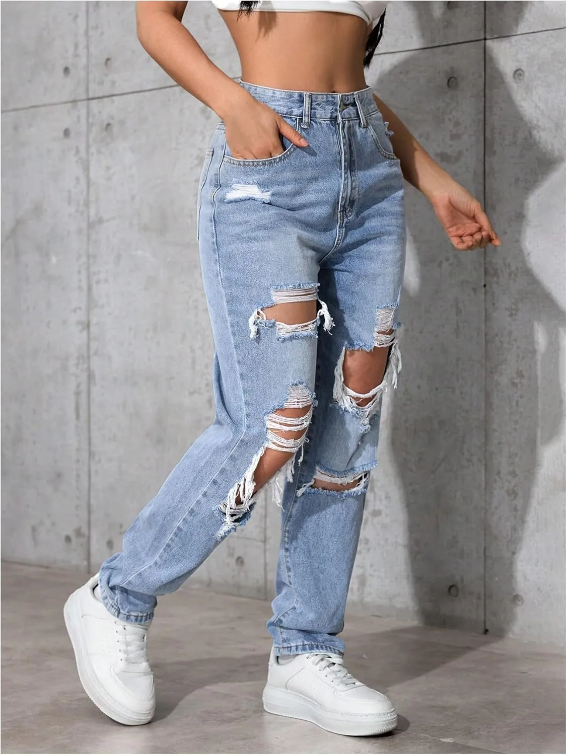 Floerns Women's High Waisted Distressed Jeans Straight Leg Casual Ripped Denim Pants