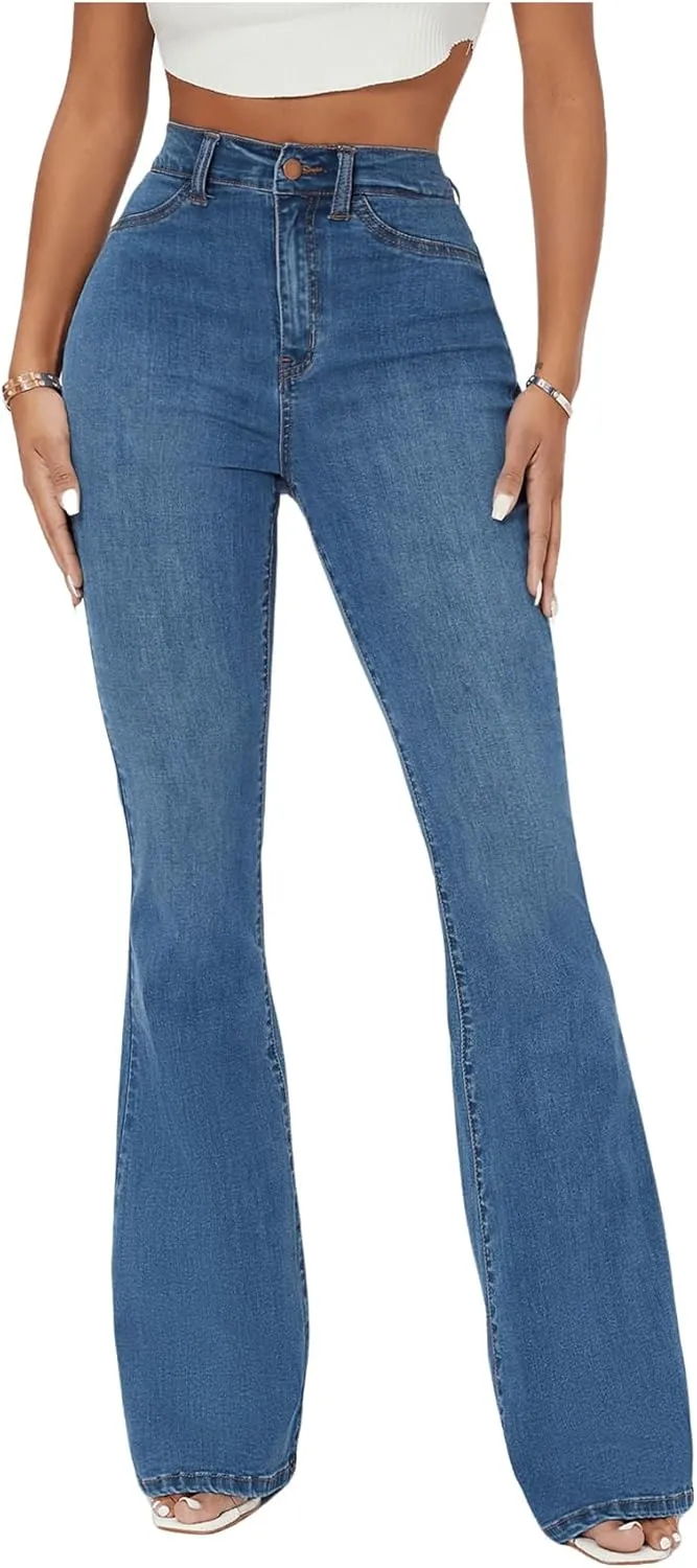 Floerns Women's High Waisted Flare Leg Jeans Zipper Fly Bell Bottom Denim Pants
