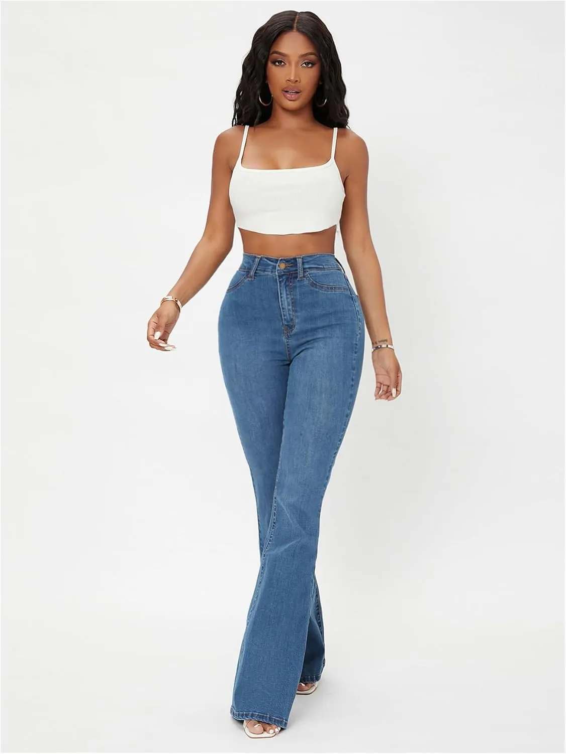 Floerns Women's High Waisted Flare Leg Jeans Zipper Fly Bell Bottom Denim Pants