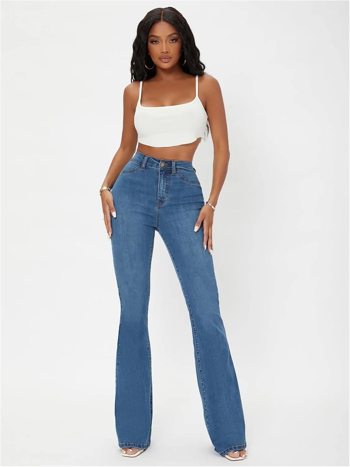 Floerns Women's High Waisted Flare Leg Jeans Zipper Fly Bell Bottom Denim Pants