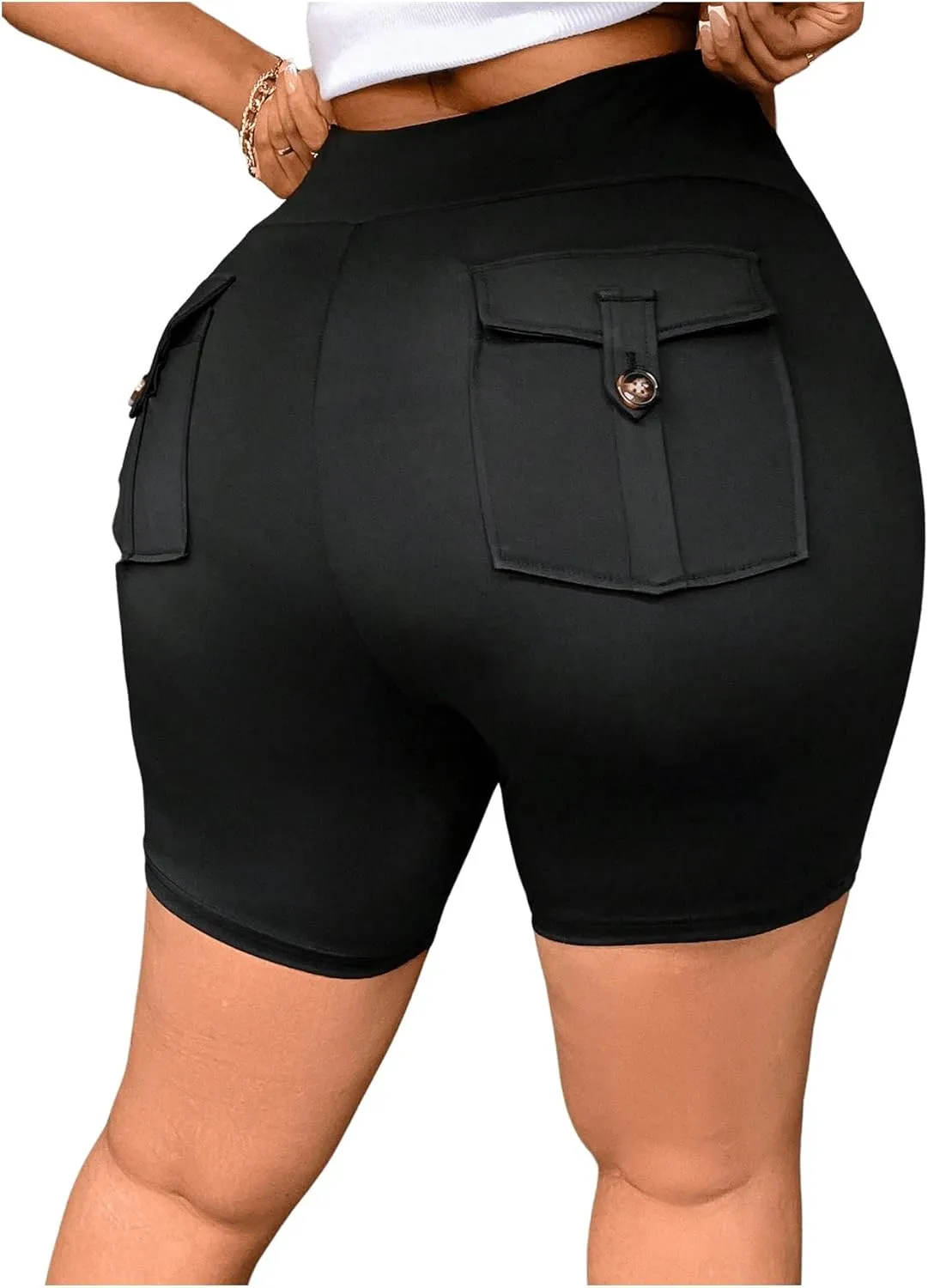 Floerns Women's Plus Size Solid High Waisted Skinny Legging Flap Pockets Workout Shorts