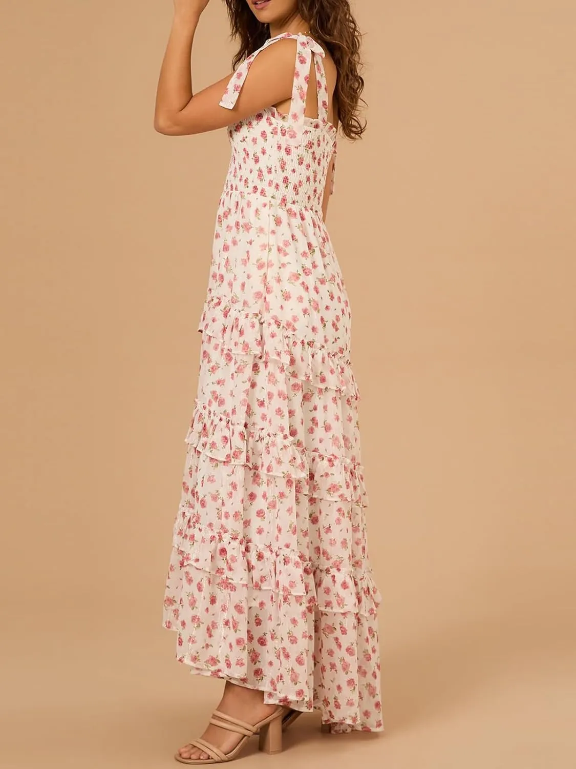 Floral Tie Shoulder Ruffle Maxi Dresses Summer Boho Backless Sleeveless Long Dress Flowy Y2k Smocked Tiered Sundress