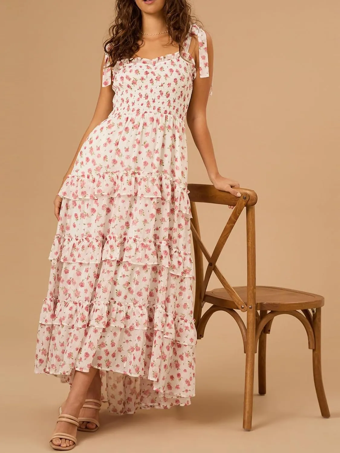 Floral Tie Shoulder Ruffle Maxi Dresses Summer Boho Backless Sleeveless Long Dress Flowy Y2k Smocked Tiered Sundress