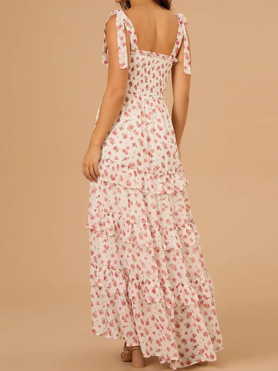 Floral Tie Shoulder Ruffle Maxi Dresses Summer Boho Backless Sleeveless Long Dress Flowy Y2k Smocked Tiered Sundress