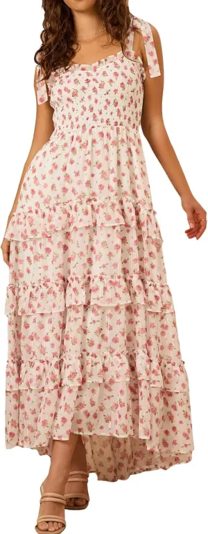 Floral Tie Shoulder Ruffle Maxi Dresses Summer Boho Backless Sleeveless Long Dress Flowy Y2k Smocked Tiered Sundress