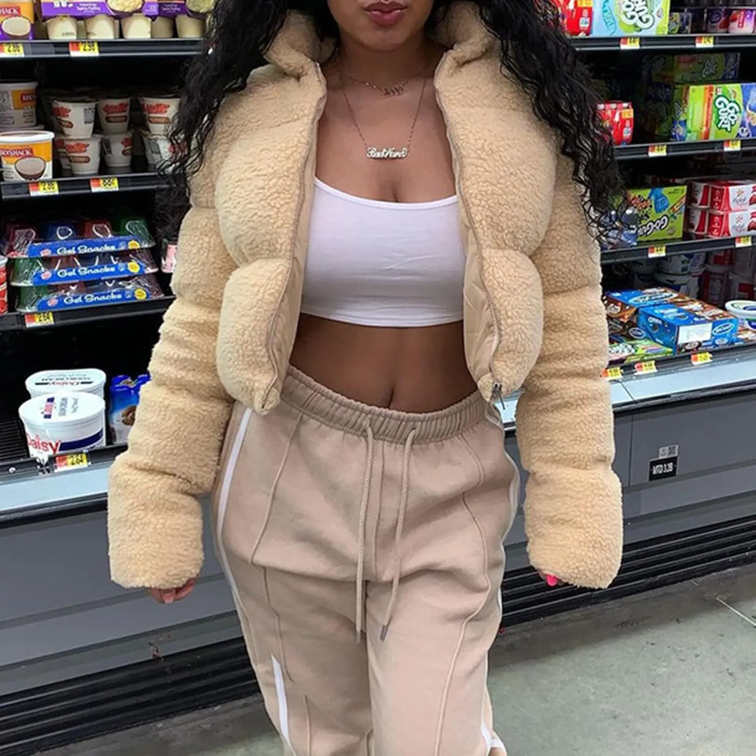Flygo Shearling Fleece Cropped Puffer Jacket for Women Winter Stand Collar Zip Up Padded Down Coat