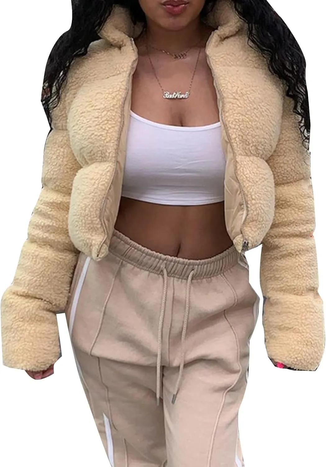 Flygo Shearling Fleece Cropped Puffer Jacket for Women Winter Stand Collar Zip Up Padded Down Coat