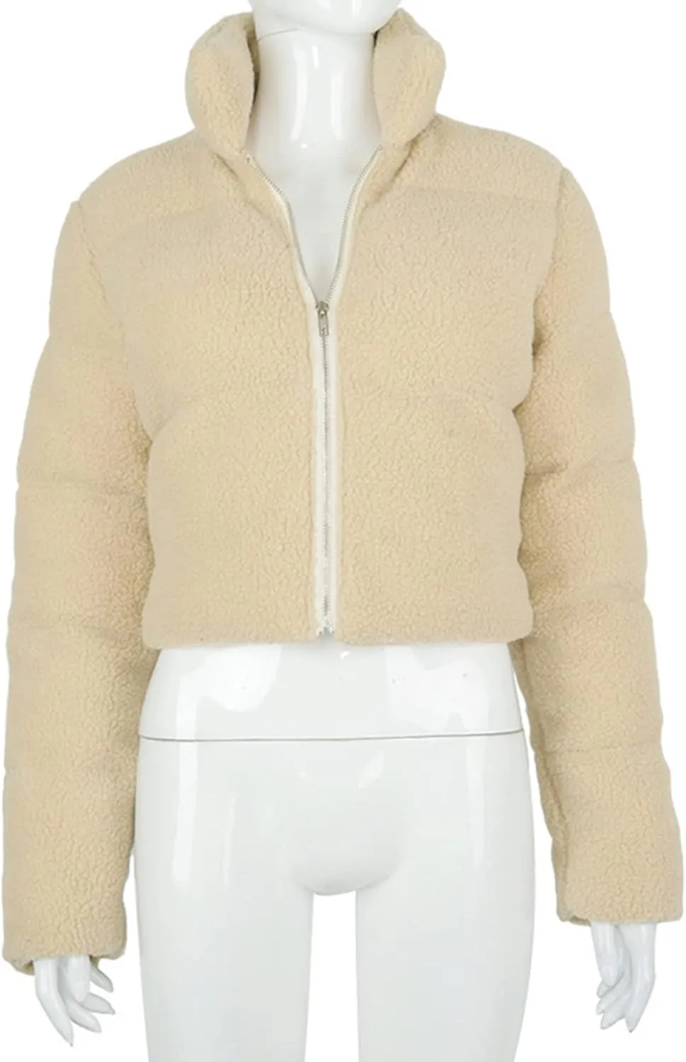 Flygo Shearling Fleece Cropped Puffer Jacket for Women Winter Stand Collar Zip Up Padded Down Coat