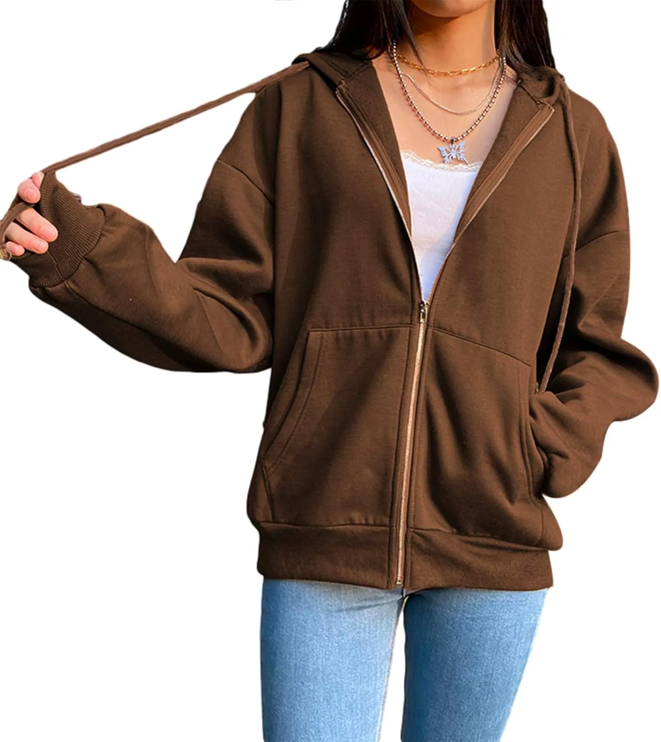 FOMOYUU Women Oversized Zip Up Hoodie Vintage Graphic Print Long Sleeve Hooded Sweatshirt Goth Punk Pullover Jacket Coat