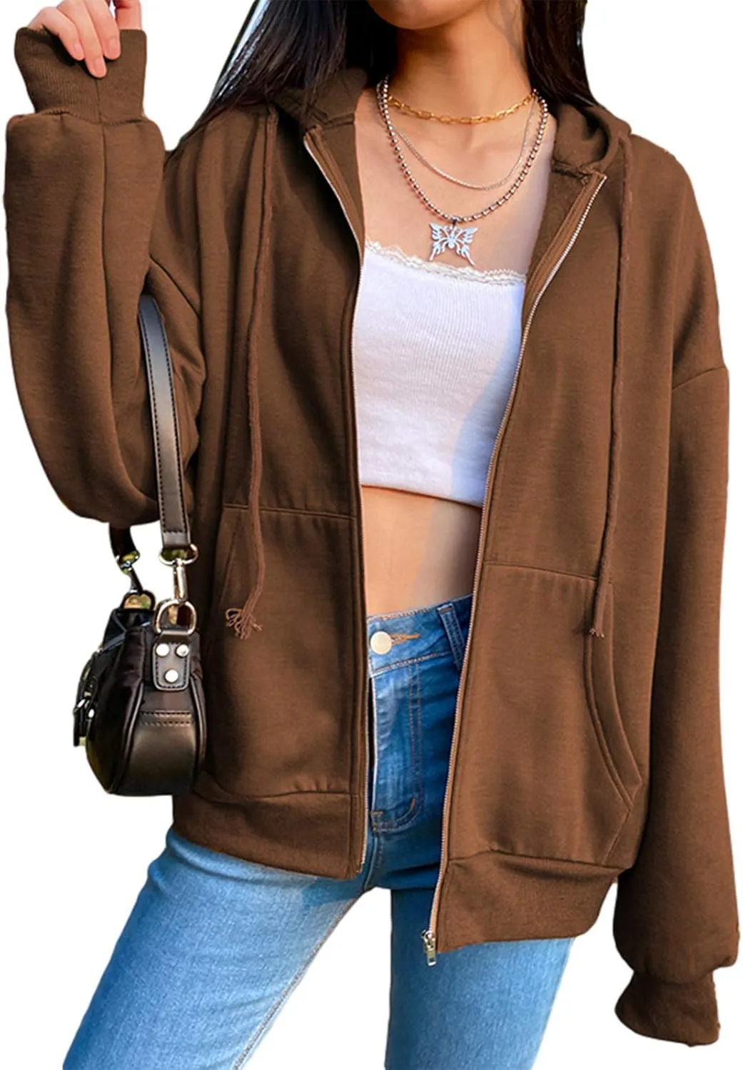 FOMOYUU Women Oversized Zip Up Hoodie Vintage Graphic Print Long Sleeve Hooded Sweatshirt Goth Punk Pullover Jacket Coat