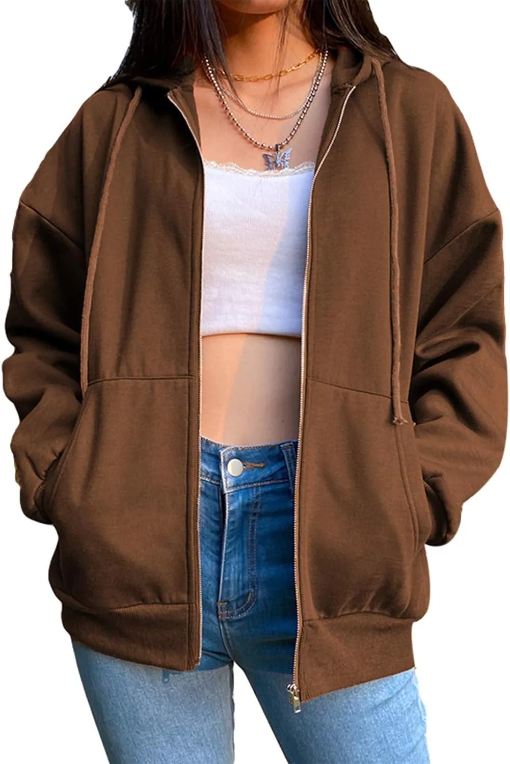 FOMOYUU Women Oversized Zip Up Hoodie Vintage Graphic Print Long Sleeve Hooded Sweatshirt Goth Punk Pullover Jacket Coat