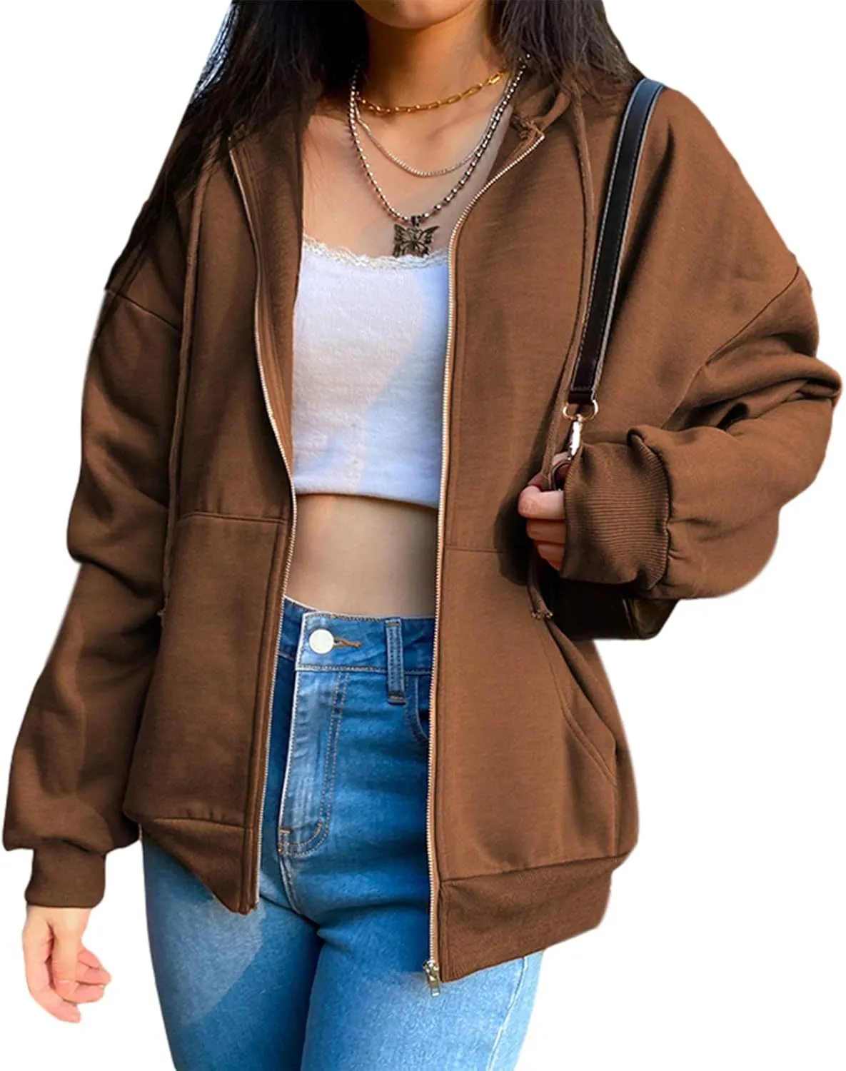 FOMOYUU Women Oversized Zip Up Hoodie Vintage Graphic Print Long Sleeve Hooded Sweatshirt Goth Punk Pullover Jacket Coat