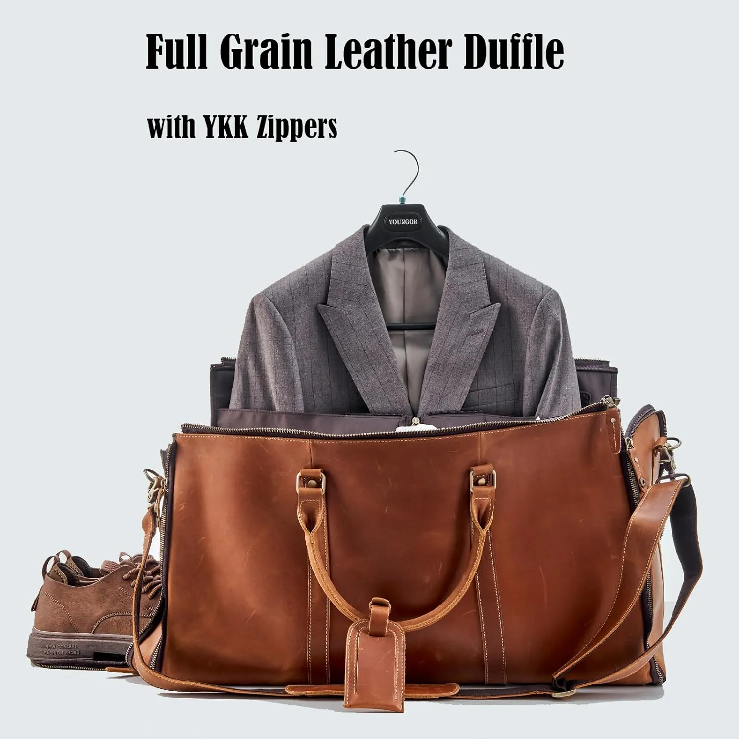 Genuine Leather Convertible Garment Bag with Shoes Compartmen Customized Full Grain Leather Carry on Duffle Bag for Men Women Weekender Hanging Business Suitcase for Travel Suit