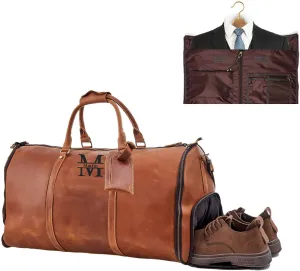 Genuine Leather Convertible Garment Bag with Shoes Compartmen Customized Full Grain Leather Carry on Duffle Bag for Men Women Weekender Hanging Business Suitcase for Travel Suit