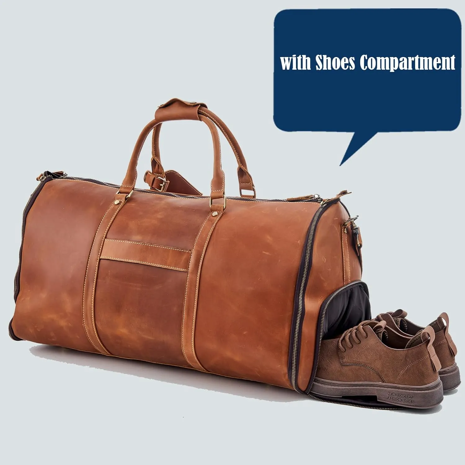 Genuine Leather Convertible Garment Bag with Shoes Compartmen Customized Full Grain Leather Carry on Duffle Bag for Men Women Weekender Hanging Business Suitcase for Travel Suit