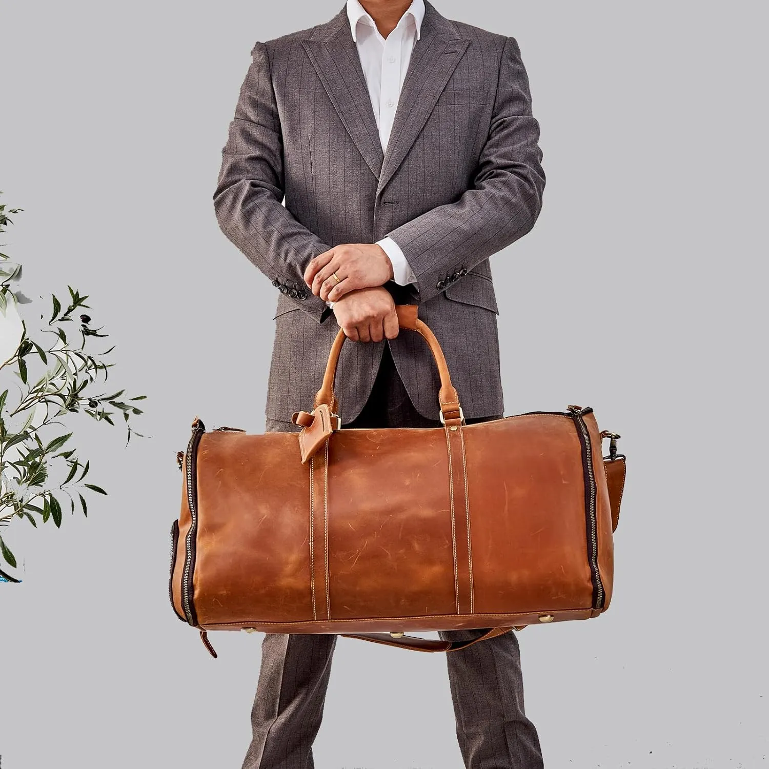 Genuine Leather Convertible Garment Bag with Shoes Compartmen Customized Full Grain Leather Carry on Duffle Bag for Men Women Weekender Hanging Business Suitcase for Travel Suit