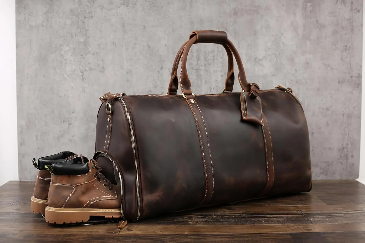 Genuine Leather Convertible Garment Bag with Shoes Compartment Full Grain Leather Carry on Duffle Bag for Men Women Weekender Hanging Business Suitcase for Travel Suit Coffee
