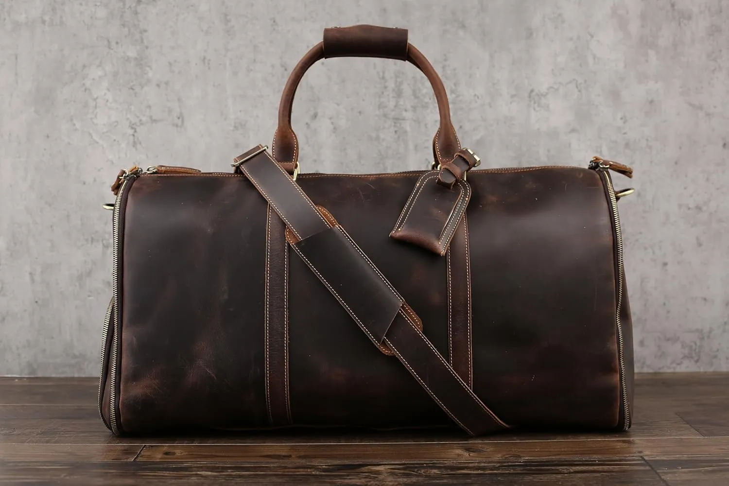Genuine Leather Convertible Garment Bag with Shoes Compartment Full Grain Leather Carry on Duffle Bag for Men Women Weekender Hanging Business Suitcase for Travel Suit Coffee