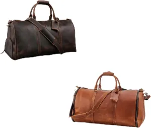 Genuine Leather Convertible Garment Bag with Shoes Compartment Full Grain Leather Carry on Duffle Bag for Men Women Weekender Hanging Business Suitcase for Travel Suit