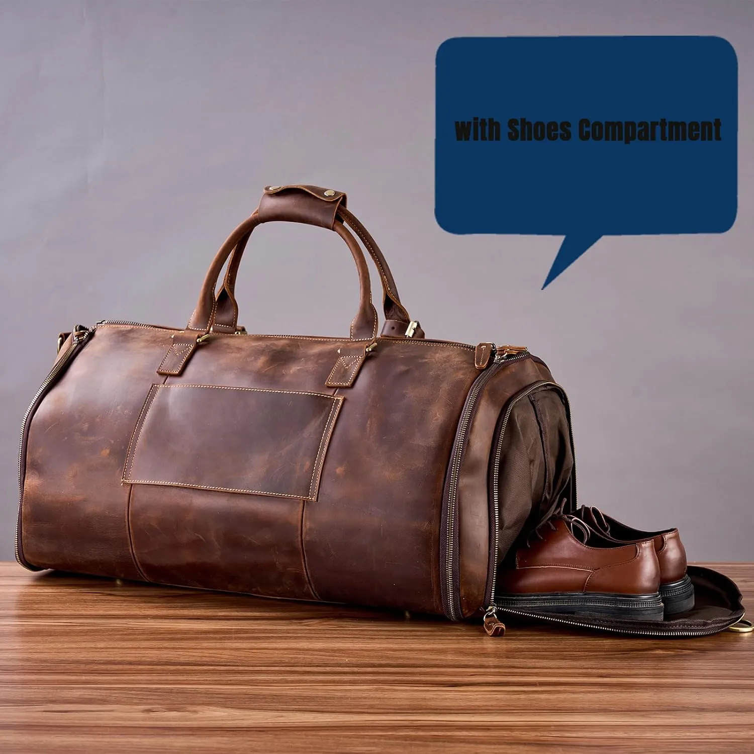 Genuine Leather Convertible Garment Bag with Shoes Compartment Full Grain Leather Carry on Duffle Bag Garment for Men Women Weekender Hanging Business Suitcase for Travel Suit DarkBrown