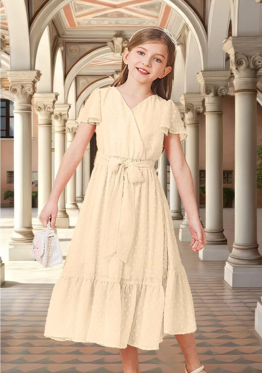 Girls Bohemian Dresses Flying Cap Sleeve V Neck Belt Calf Long Maxi Pleated Flowy Dresses for Girls