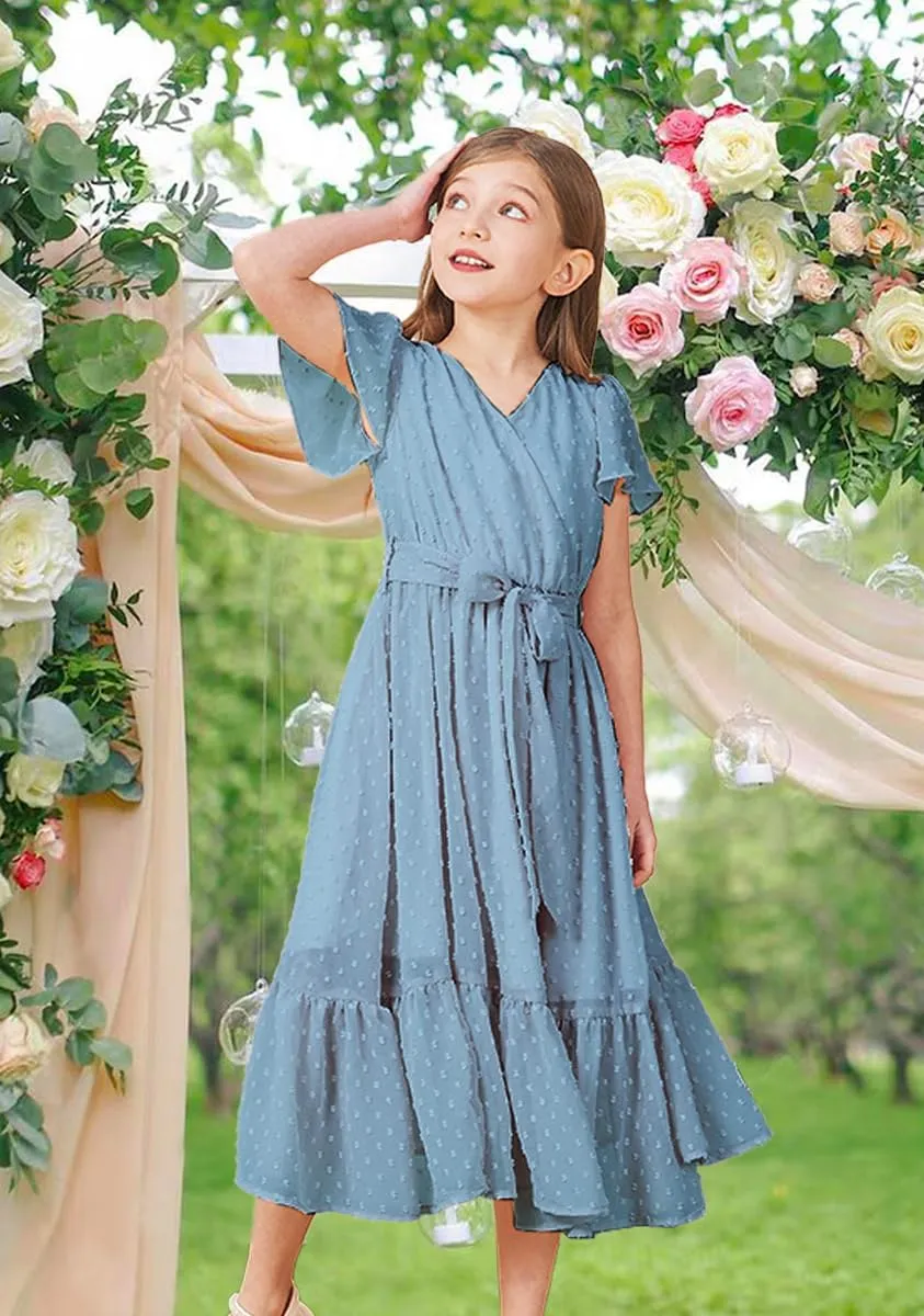 Girls Bohemian Dresses Flying Cap Sleeve V Neck Belt Calf Long Maxi Pleated Flowy Dresses for Girls