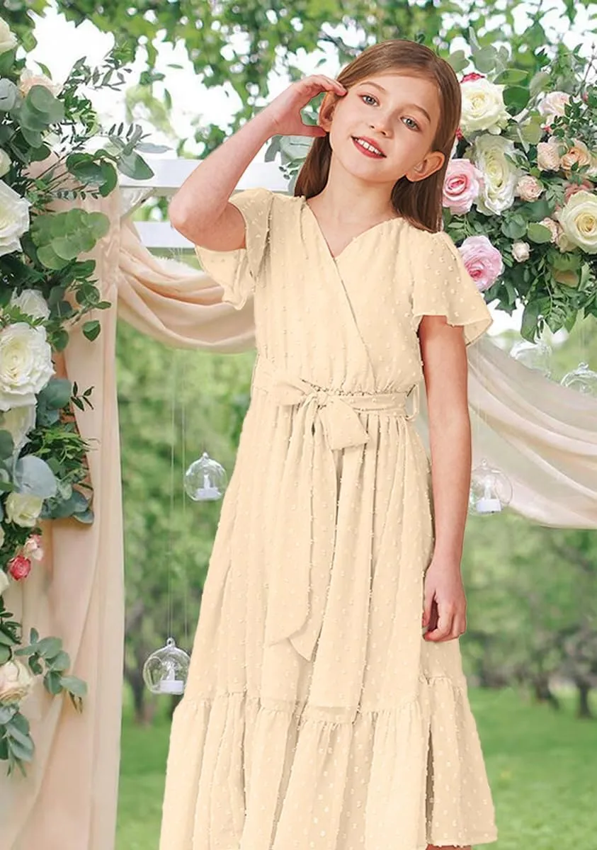 Girls Bohemian Dresses Flying Cap Sleeve V Neck Belt Calf Long Maxi Pleated Flowy Dresses for Girls