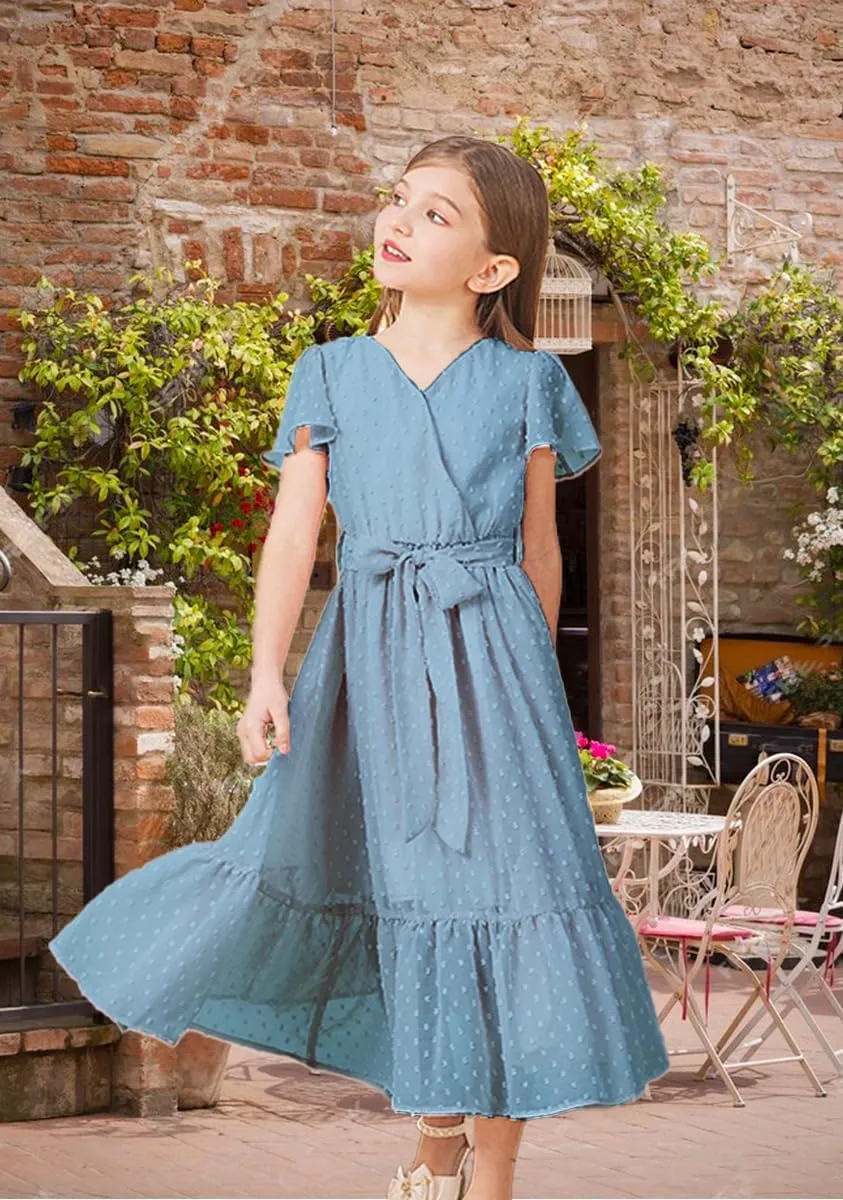 Girls Bohemian Dresses Flying Cap Sleeve V Neck Belt Calf Long Maxi Pleated Flowy Dresses for Girls