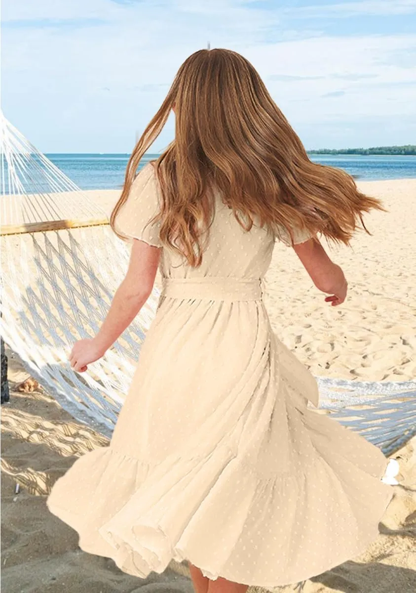 Girls Bohemian Dresses Flying Cap Sleeve V Neck Belt Calf Long Maxi Pleated Flowy Dresses for Girls