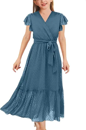 Girls Bohemian Dresses Flying Cap Sleeve V Neck Belt Calf Long Maxi Pleated Flowy Dresses for Girls