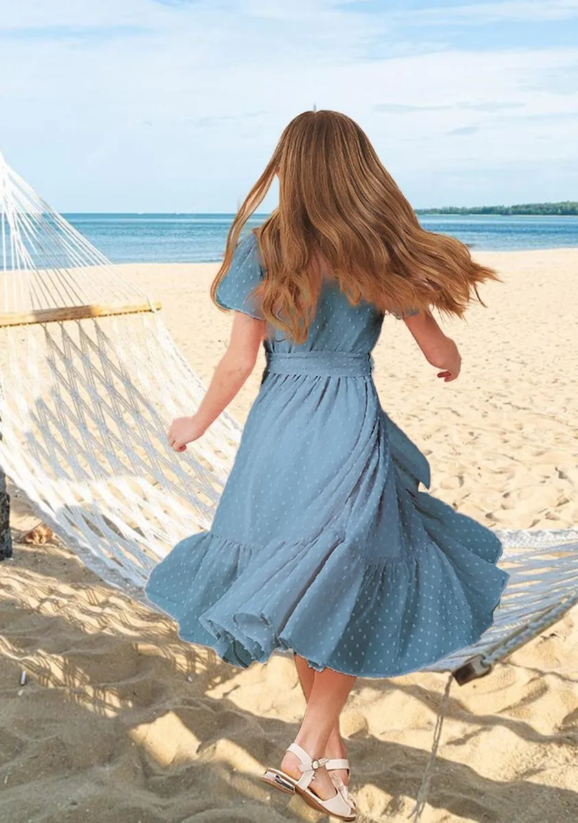 Girls Bohemian Dresses Flying Cap Sleeve V Neck Belt Calf Long Maxi Pleated Flowy Dresses for Girls