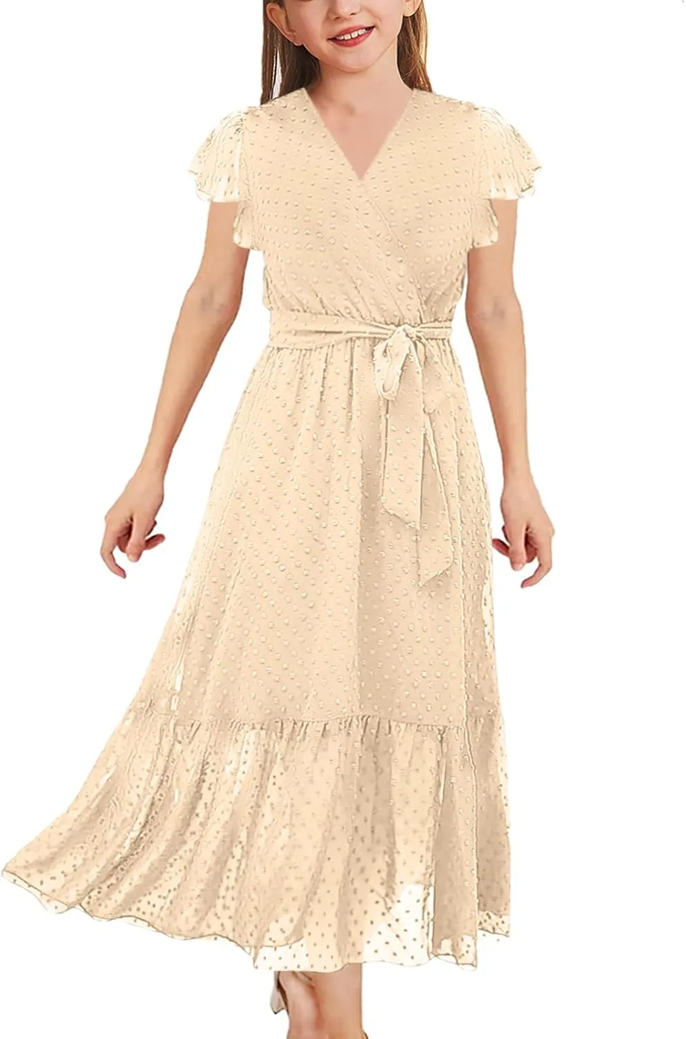 Girls Bohemian Dresses Flying Cap Sleeve V Neck Belt Calf Long Maxi Pleated Flowy Dresses for Girls