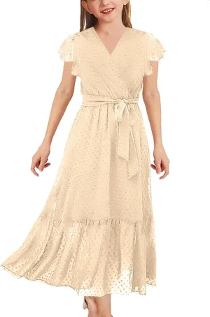 Girls Bohemian Dresses Flying Cap Sleeve V Neck Belt Calf Long Maxi Pleated Flowy Dresses for Girls