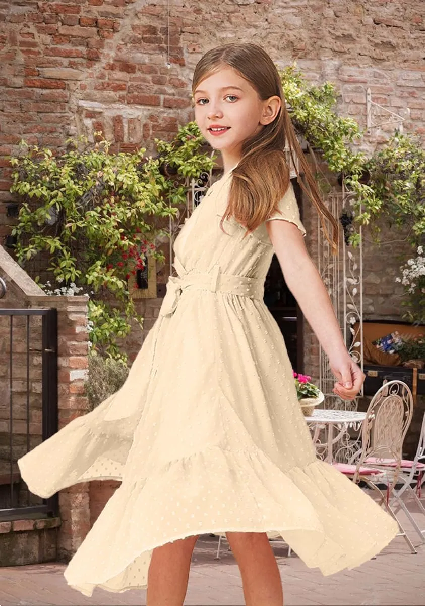 Girls Bohemian Dresses Flying Cap Sleeve V Neck Belt Calf Long Maxi Pleated Flowy Dresses for Girls