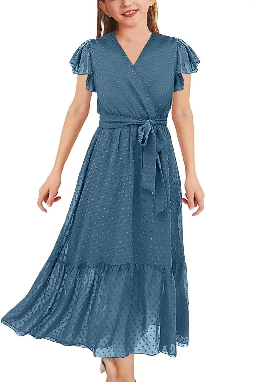Girls Bohemian Dresses Flying Cap Sleeve V Neck Belt Calf Long Maxi Pleated Flowy Dresses for Girls