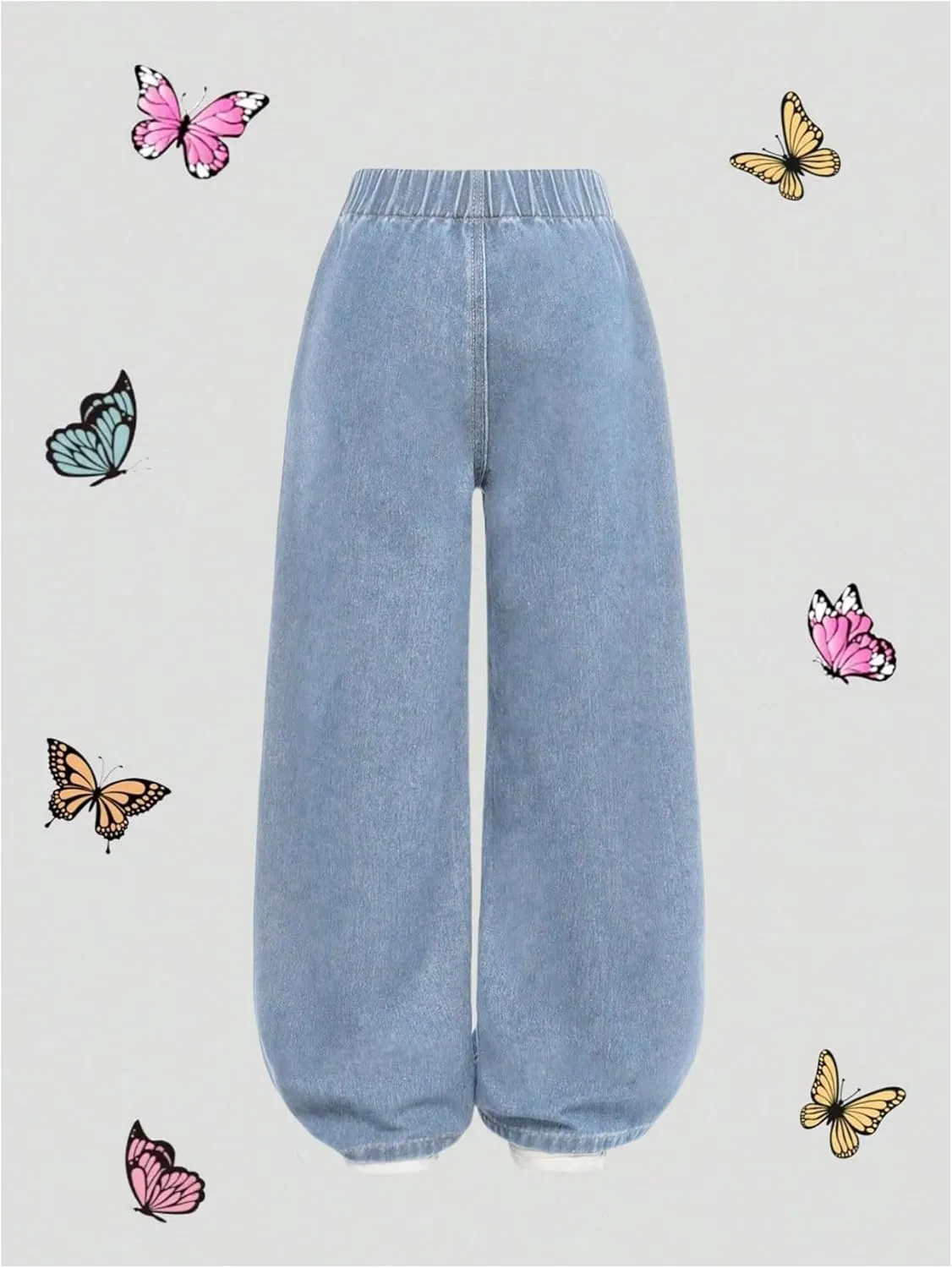 Girl's Bow Graphic Wide Leg Jeans Elastic High Waisted Denim Pants with Pockets