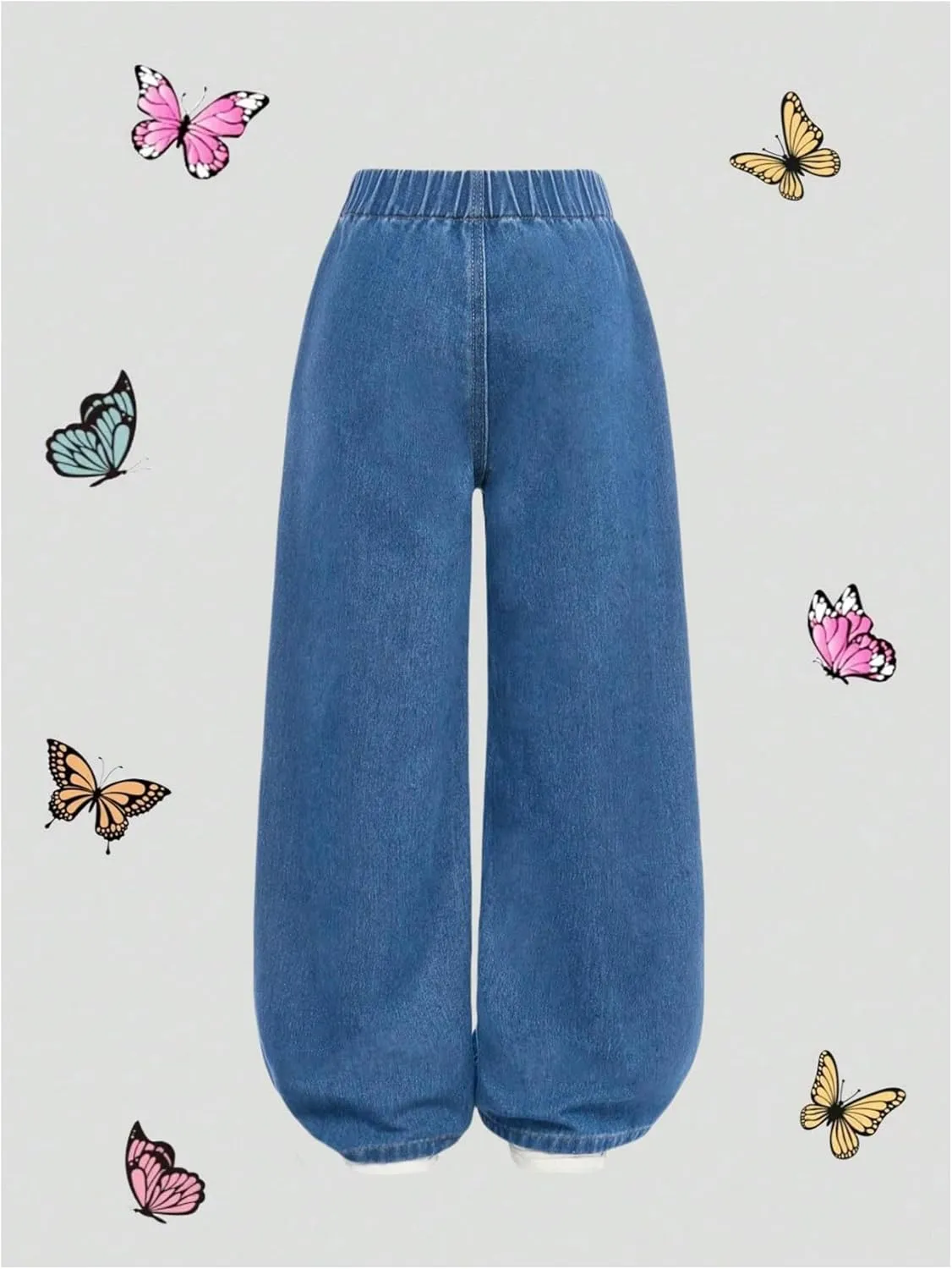 Girl's Bow Graphic Wide Leg Jeans Elastic High Waisted Denim Pants with Pockets