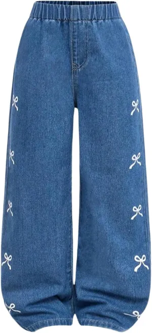 Girl's Bow Graphic Wide Leg Jeans Elastic High Waisted Denim Pants with Pockets