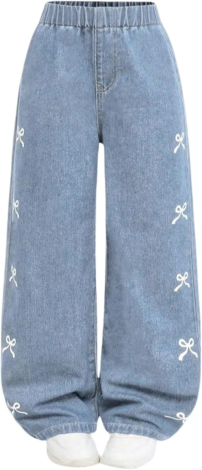 Girl's Bow Graphic Wide Leg Jeans Elastic High Waisted Denim Pants with Pockets